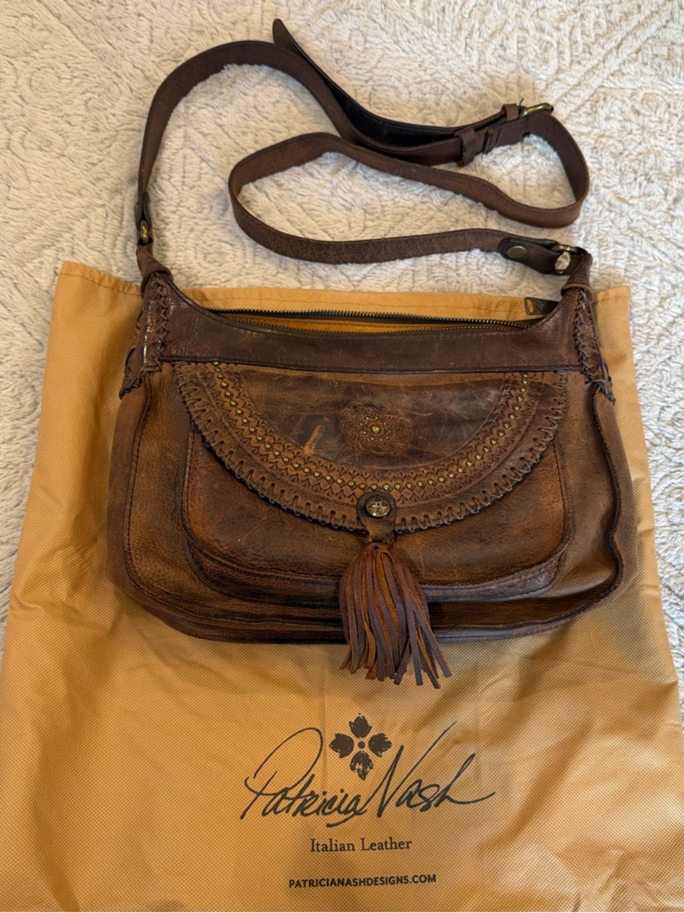 Patricia Nash Distressed Brown Leather Crossbody with Tassel Accent
